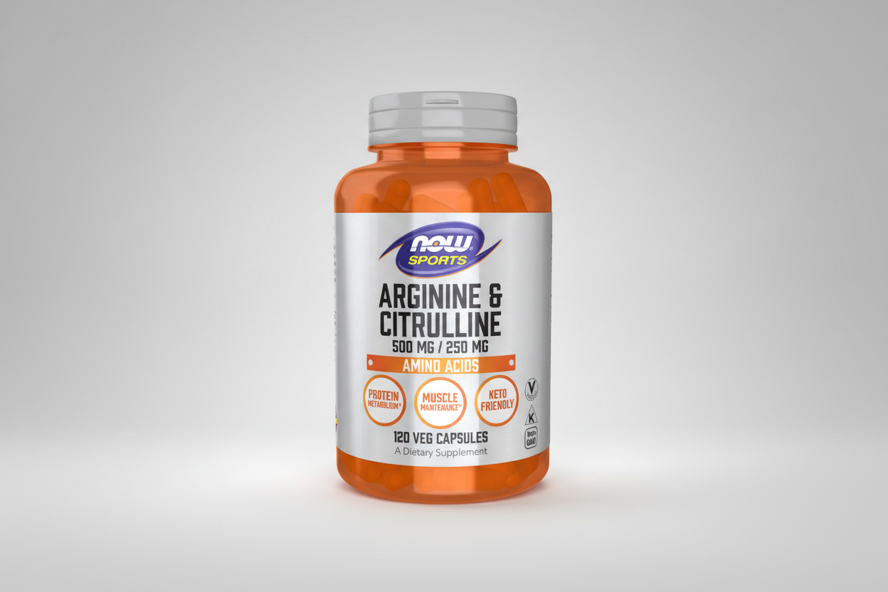 Supplement bottle labeled 'Arginine & Citrulline' by NOW Sports on a white background
