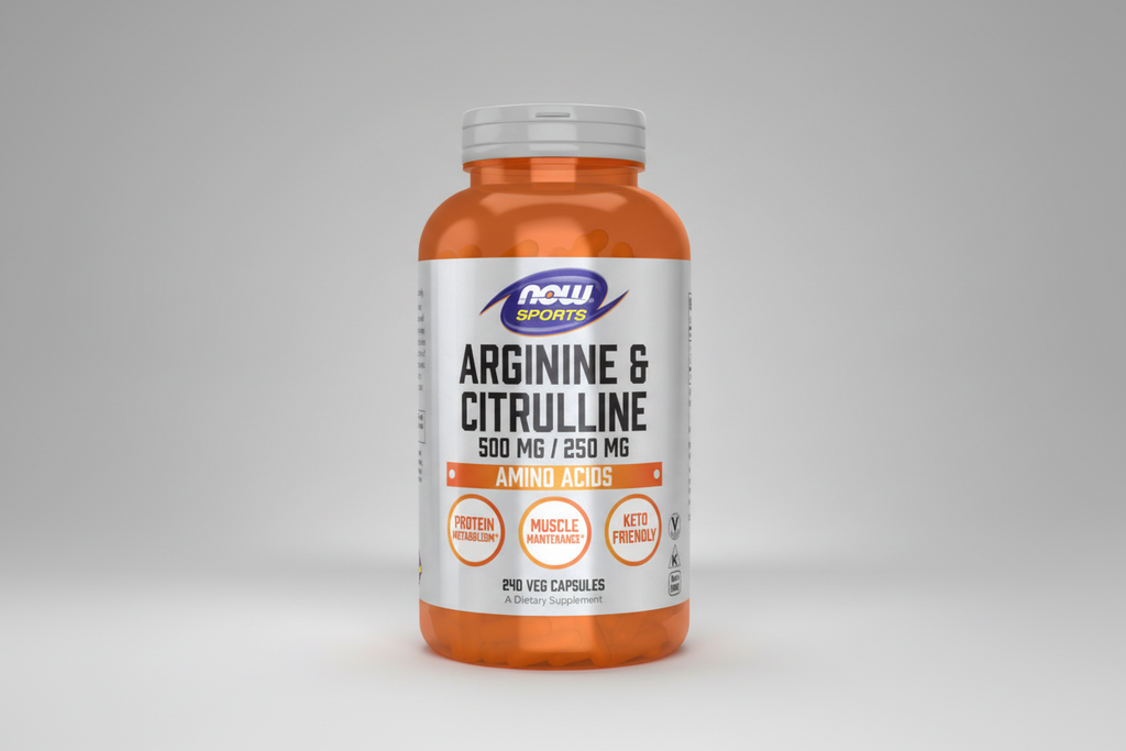 Supplement bottle labeled 'Arginine & Citrulline' by NOW Sports on a white background