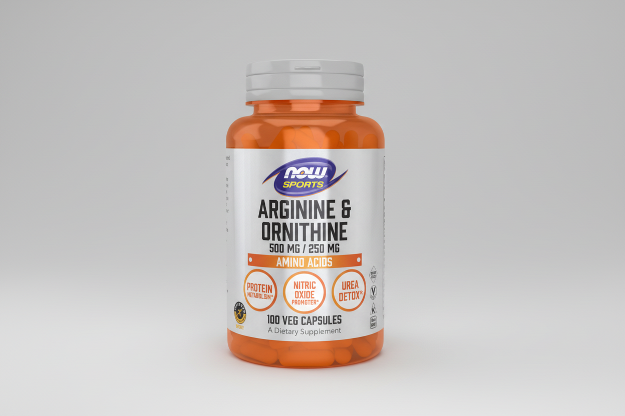 Supplement bottle labeled 'Arginine & Ornithine' by NOW Sports on a white background
