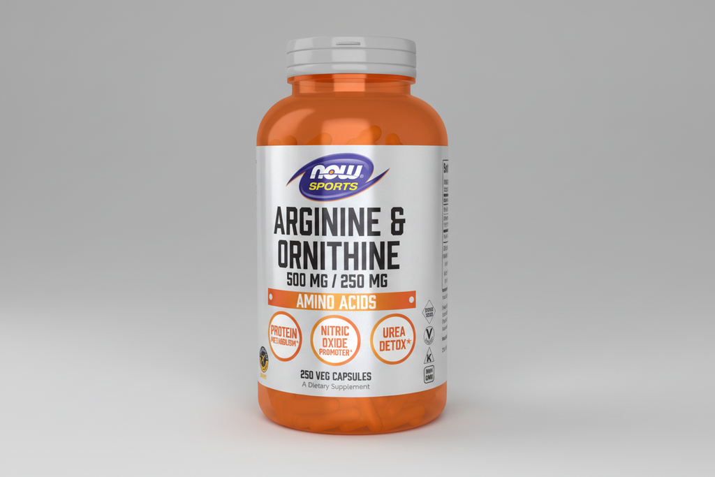 Supplement bottle labeled 'Arginine & Ornithine' by NOW Sports on a white background