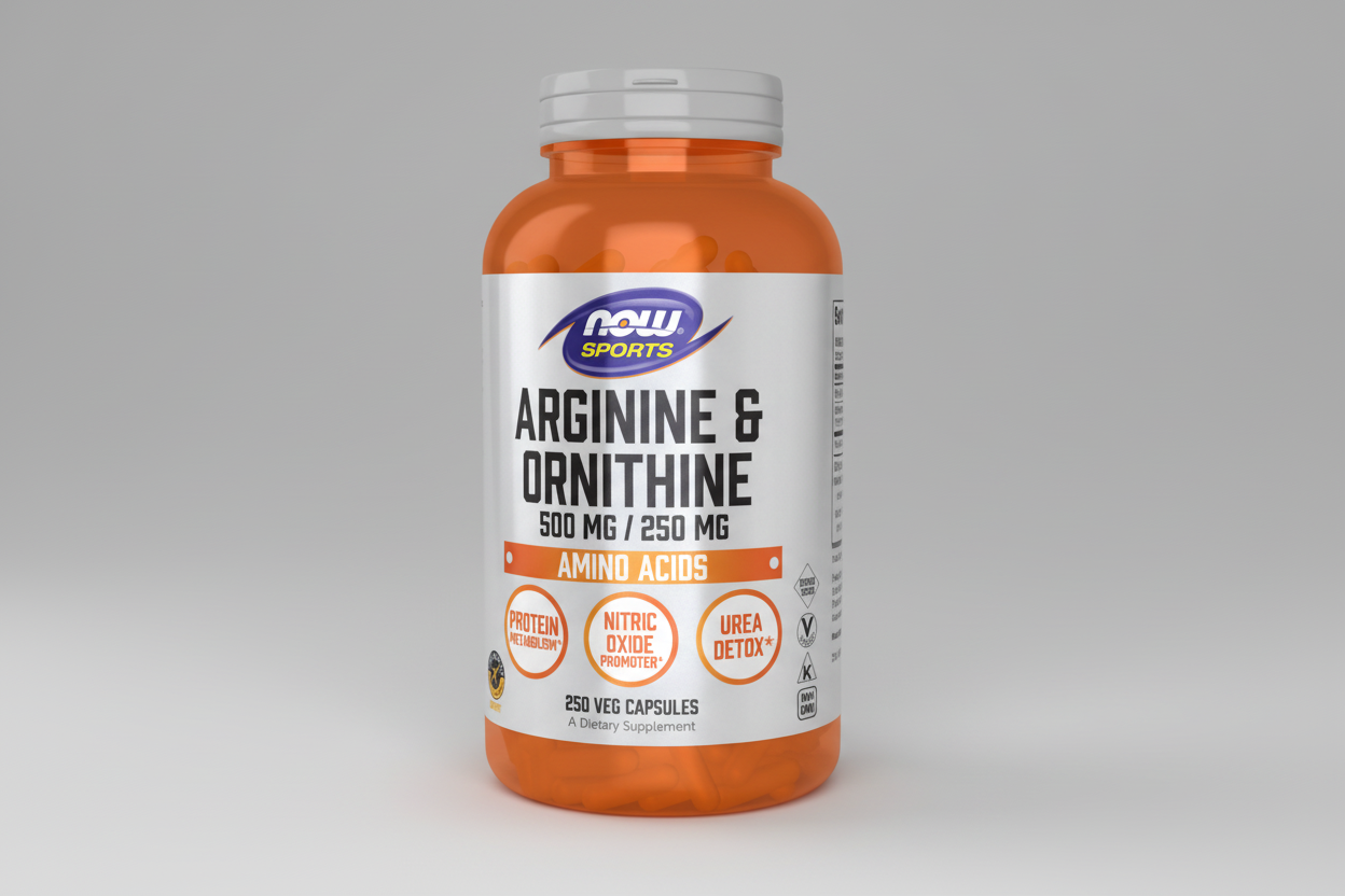 Supplement bottle labeled 'Arginine & Ornithine' by NOW Sports on a white background
