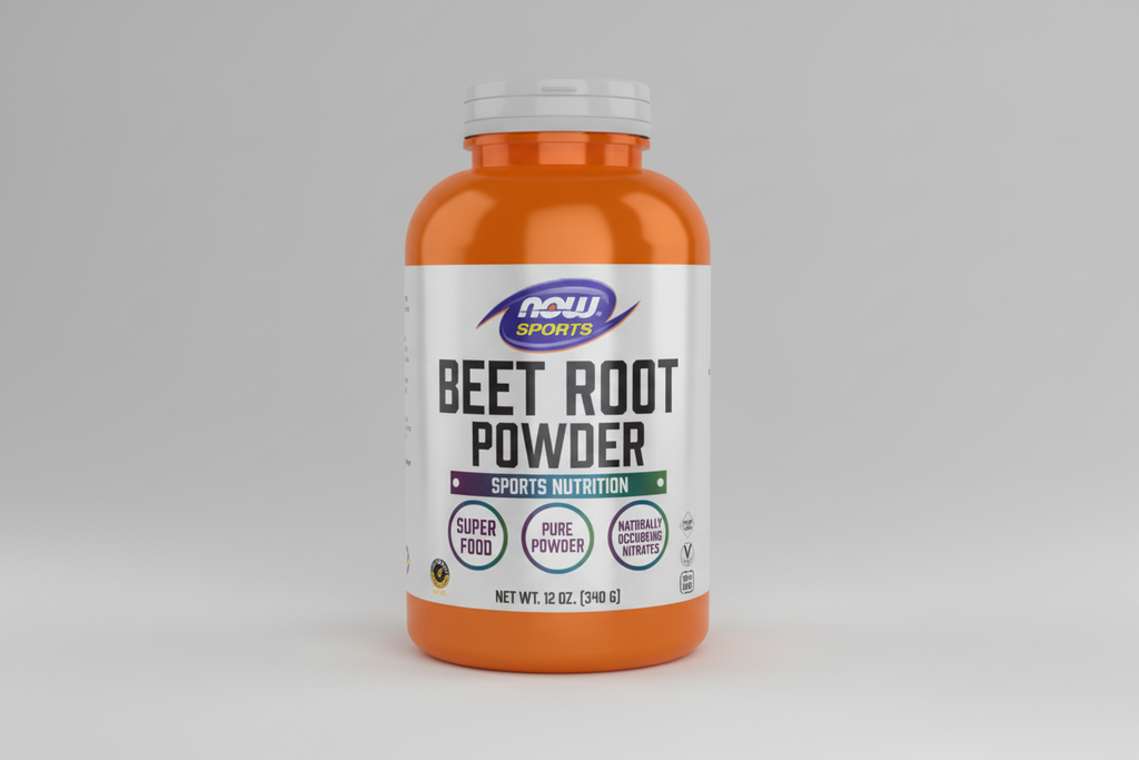 Beet root powder supplement bottle with NOW Sports label on an orange background