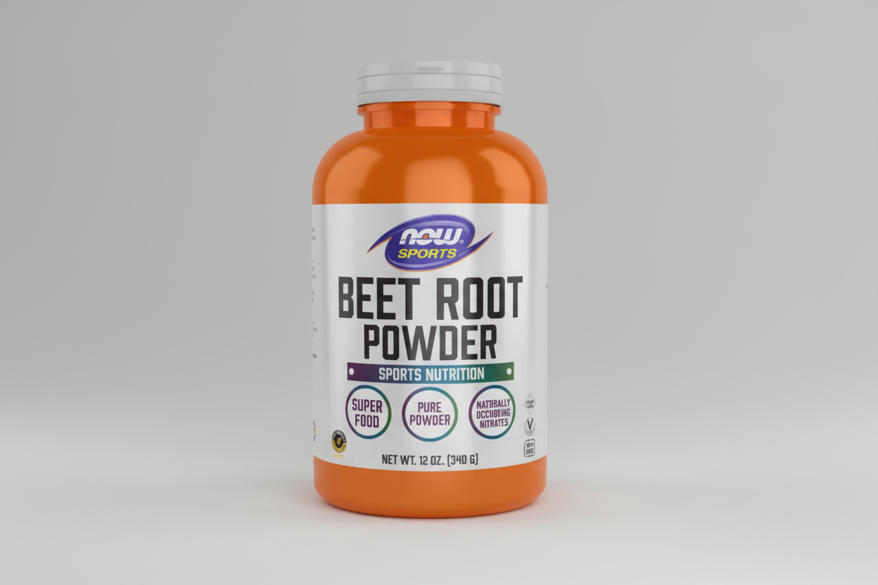 Beet root powder supplement bottle with NOW Sports label on an orange background