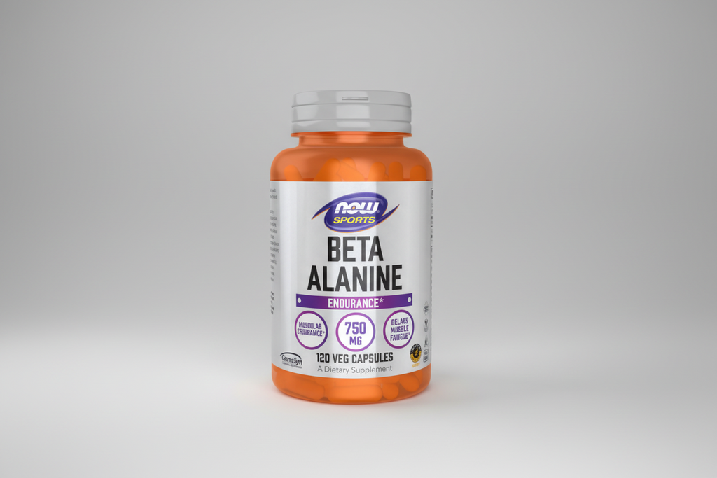 Supplement bottle labeled 'Beta Alanine' by NOW Sports on a white background