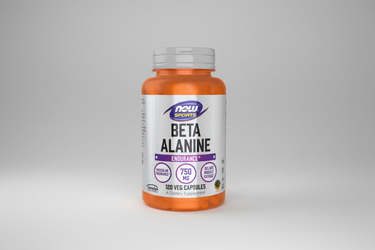 Supplement bottle labeled 'Beta Alanine' by NOW Sports on a white background