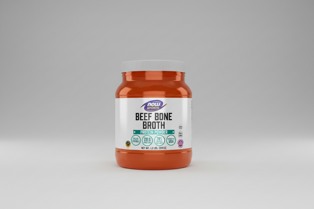 Jar of NOW Sports Beef Bone Broth Protein Powder on a white background