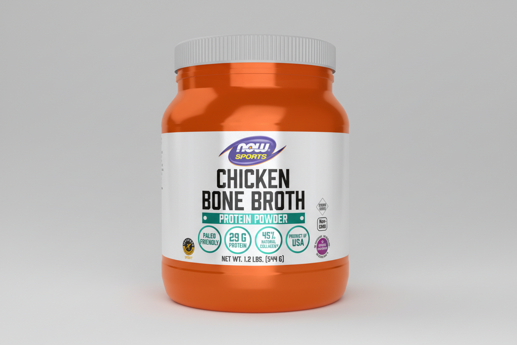 Orange container of Now Sports Chicken Bone Broth Protein Powder on a white background