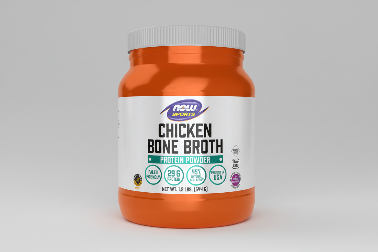 Orange container of Now Sports Chicken Bone Broth Protein Powder on a white background