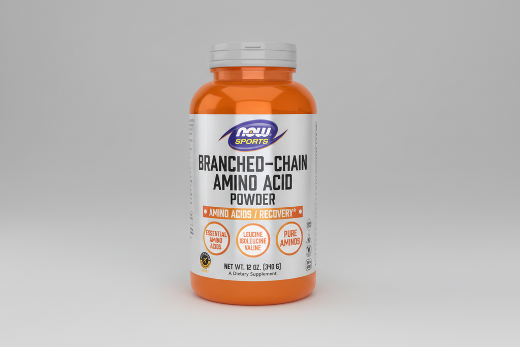 Bottle of NOW Sports Branched-Chain Amino Acid Powder on a white background