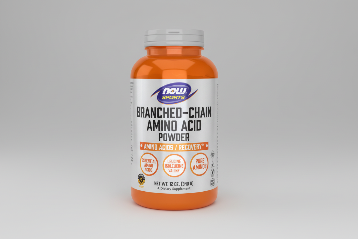 Bottle of NOW Sports Branched-Chain Amino Acid Powder on a white background