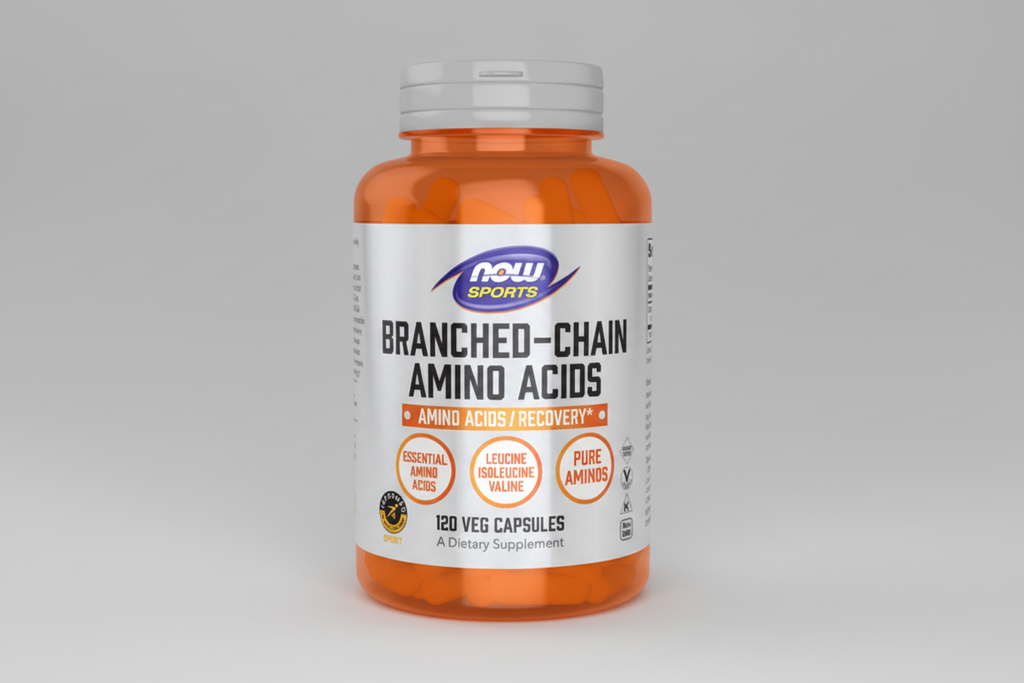 Supplement bottle labeled 'Branched-Chain Amino Acids' by NOW Sports on a white background