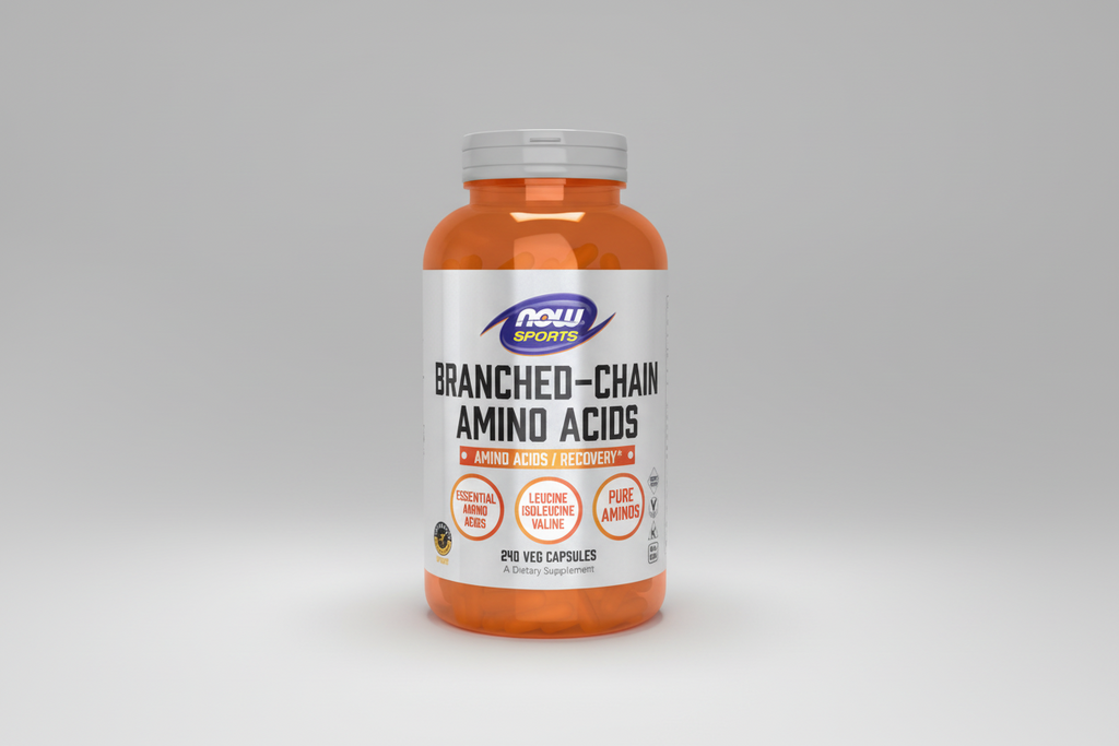Supplement bottle labeled 'Branched-Chain Amino Acids' by NOW Sports on a white background