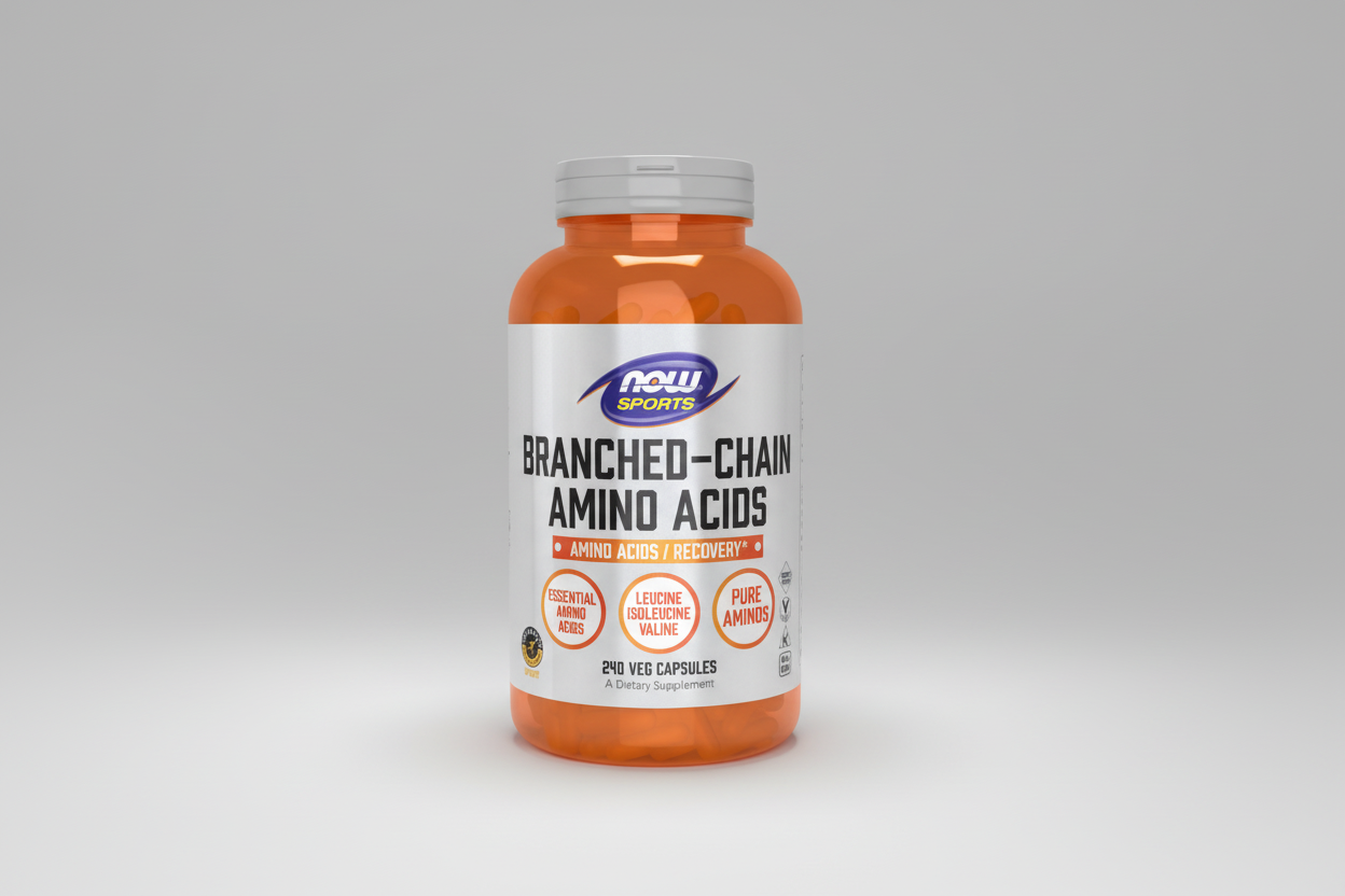 Supplement bottle labeled 'Branched-Chain Amino Acids' by NOW Sports on a white background