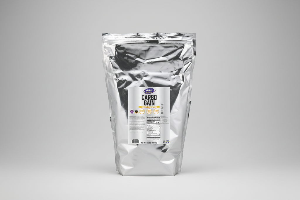 Clear packaging of Carbo Gain supplement with Now Sports Nutrition label on a white background