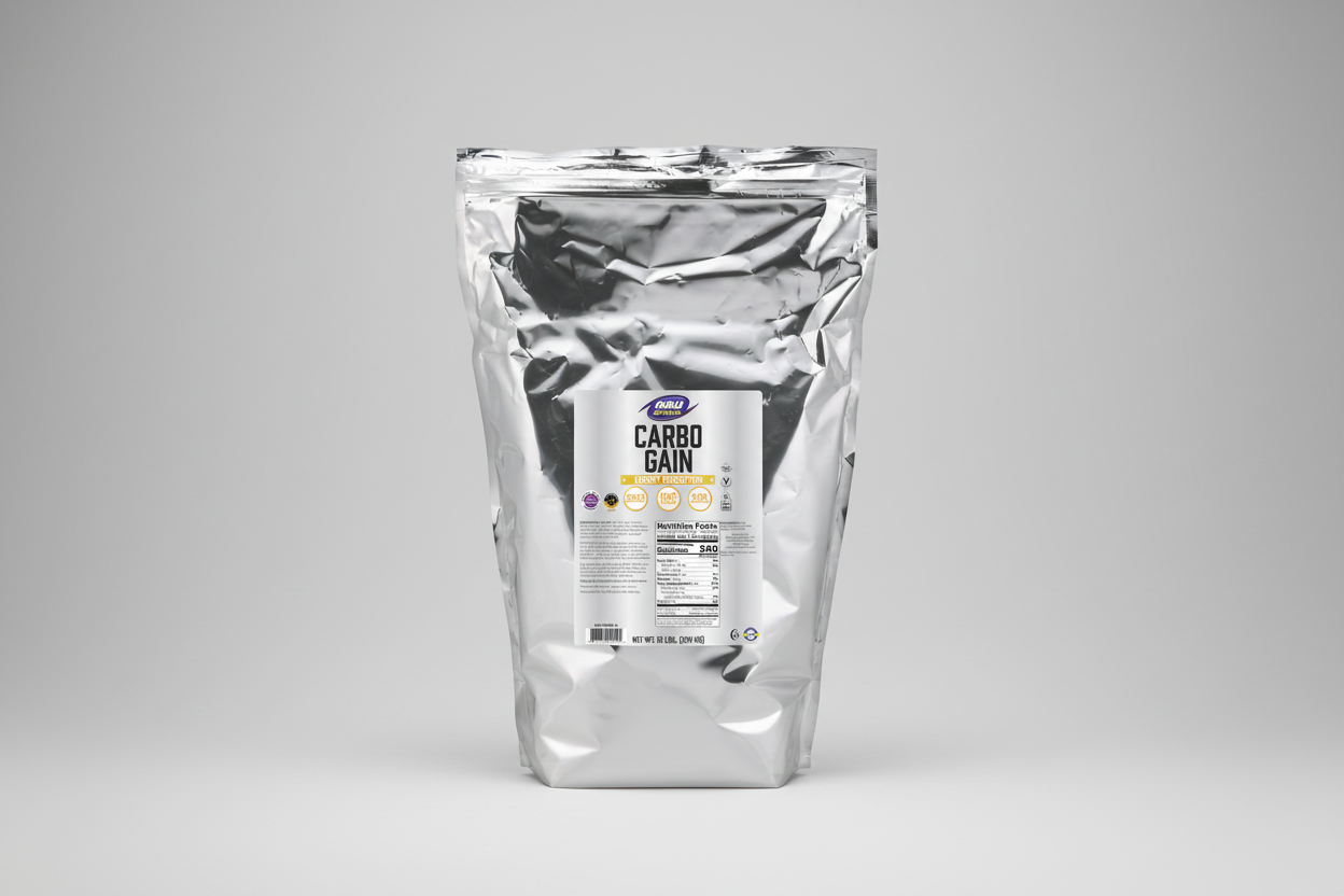 Clear packaging of Carbo Gain supplement with Now Sports Nutrition label on a white background