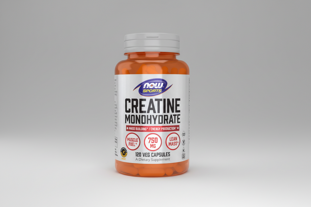 Supplement bottle labeled 'Creatine Monohydrate' by NOW Sports on a white background