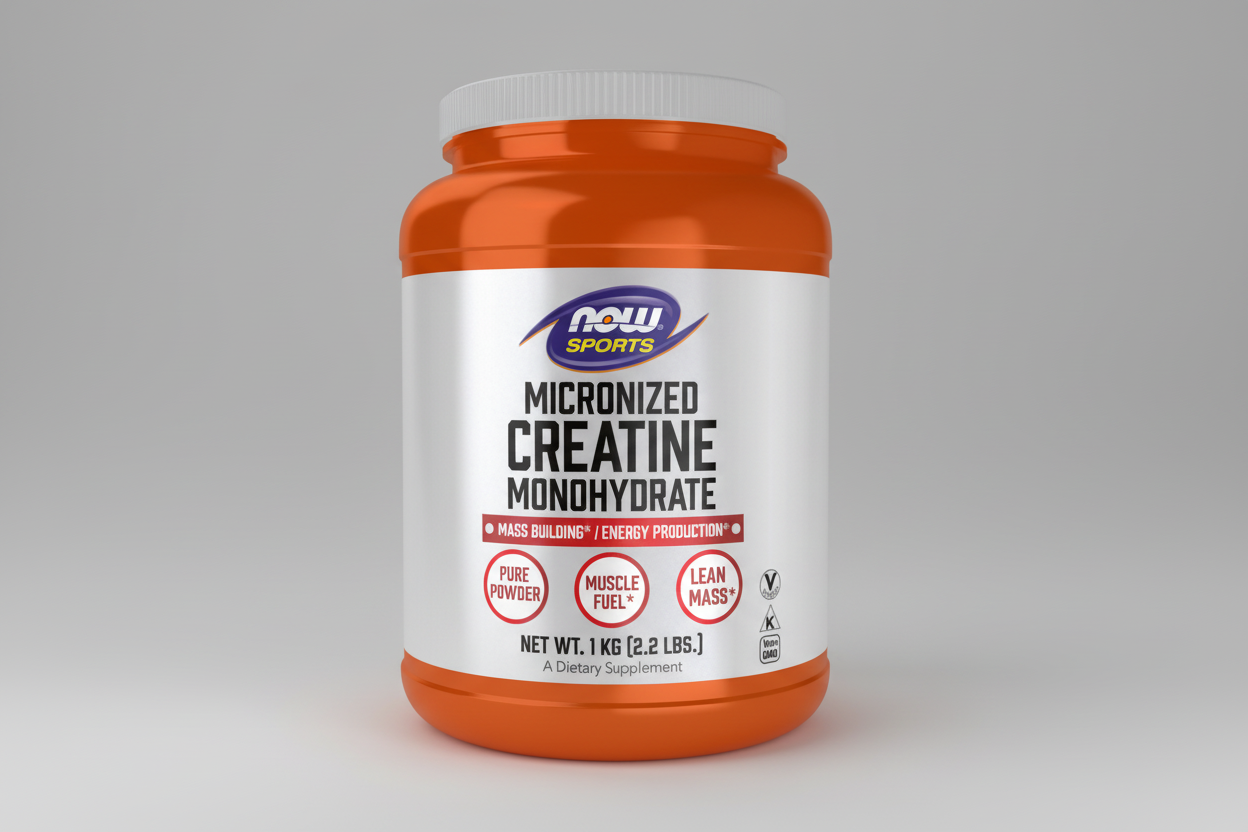 Orange and white supplement container with NOW Sports label on a white background