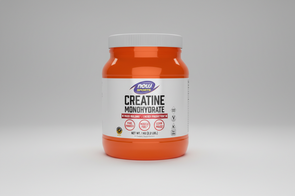 Orange supplement jar labeled 'Creatine Monohydrate' with Now Sports Nutrition branding on a white background.