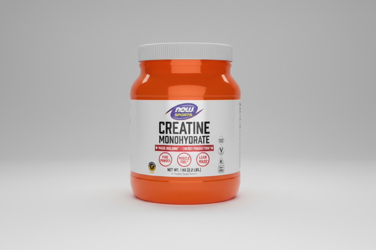 Orange supplement jar labeled 'Creatine Monohydrate' with Now Sports Nutrition branding on a white background.