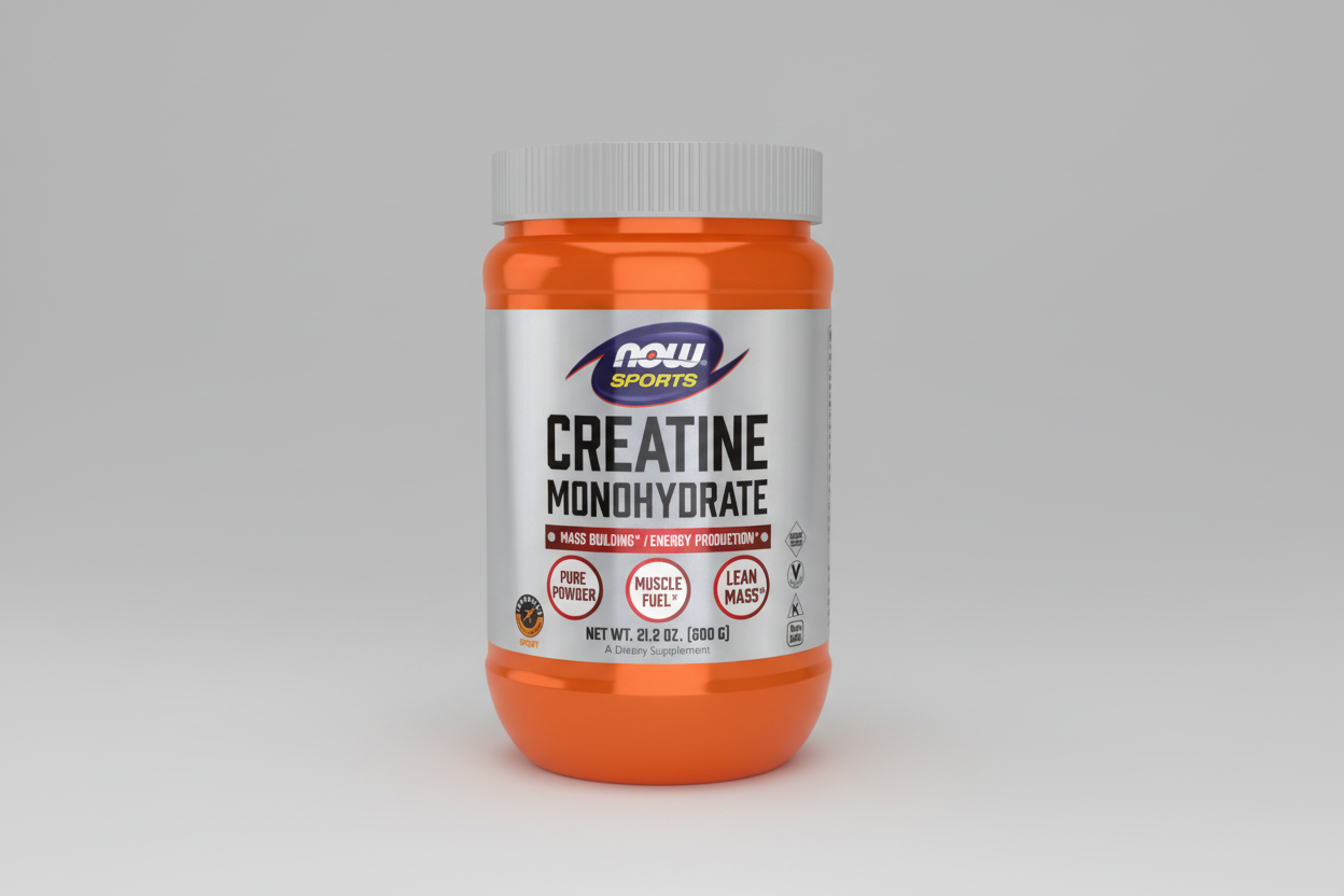 Orange and gray supplement container labeled 'Creatine Monohydrate' with NOW Sports branding on a white background.