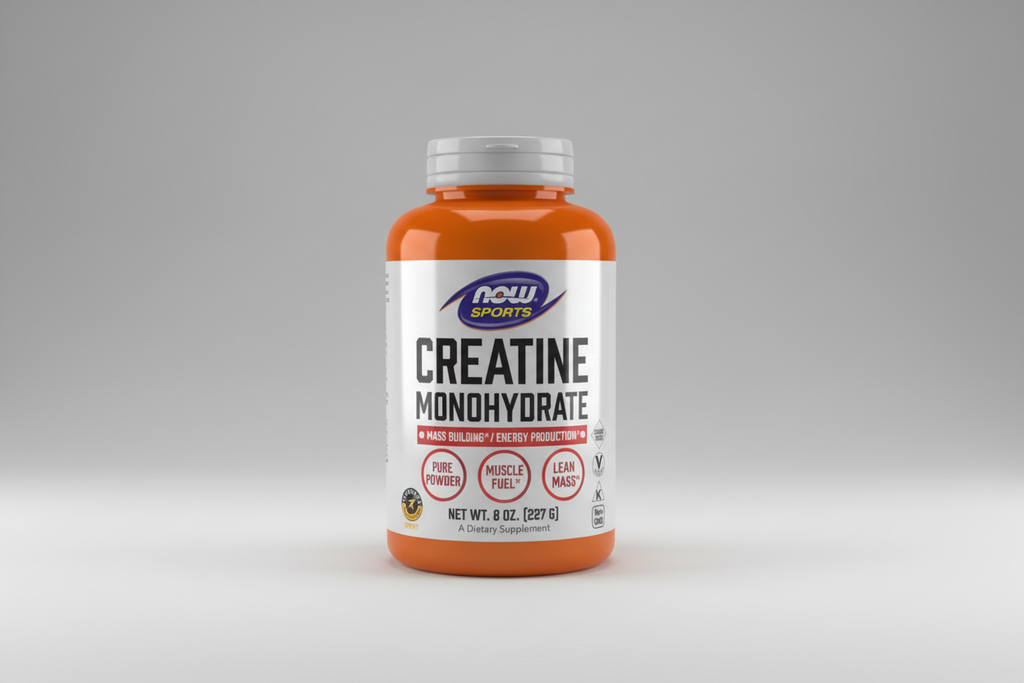 Supplement bottle labeled 'Creatine Monohydrate' by NOW Sports on a white background