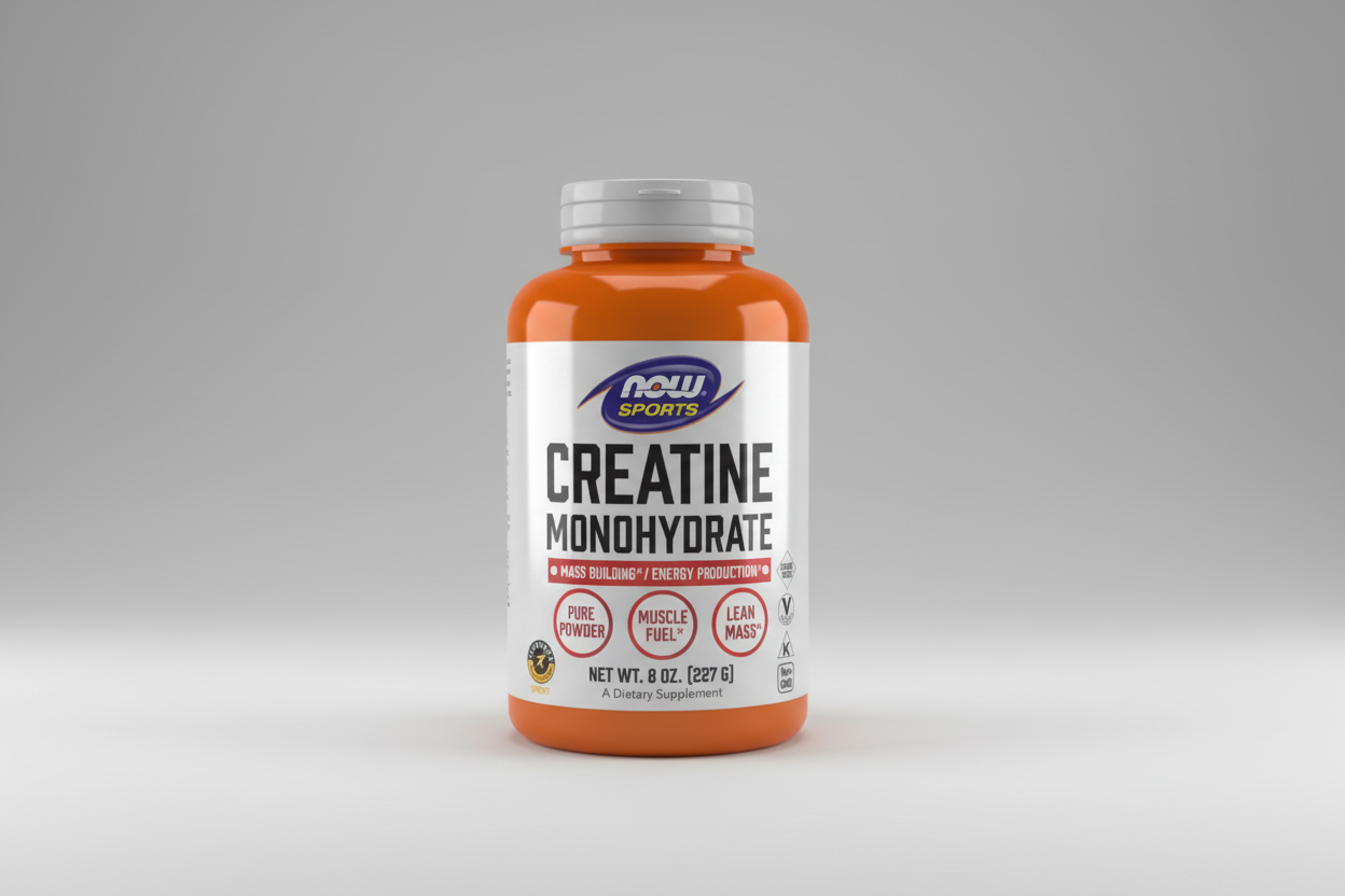 Supplement bottle labeled 'Creatine Monohydrate' by NOW Sports on a white background