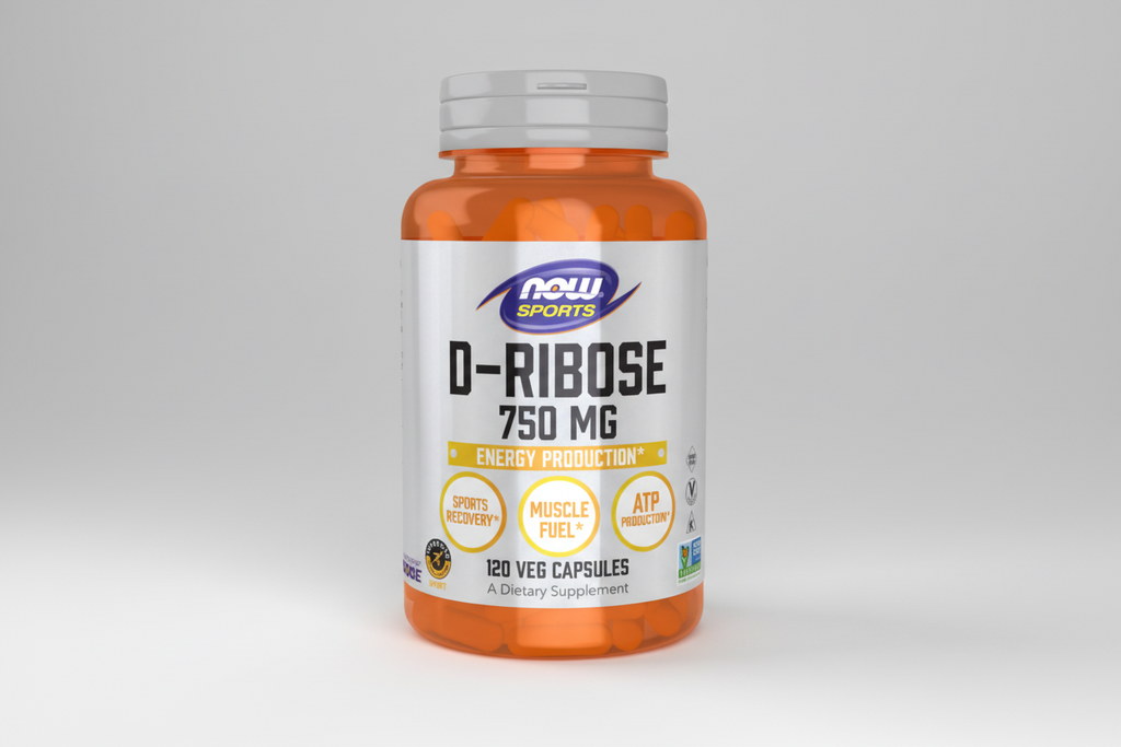 Supplement bottle labeled 'D-Ribose 750 MG' by NOW Sports on a white background