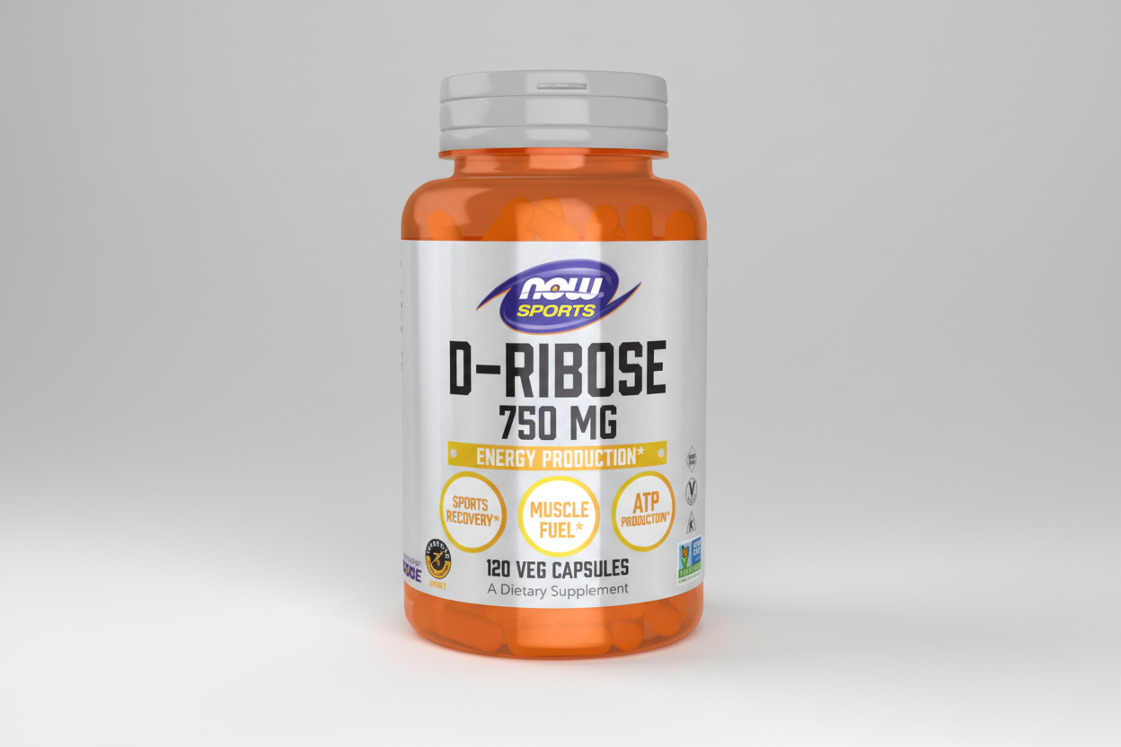 Supplement bottle labeled 'D-Ribose 750 MG' by NOW Sports on a white background