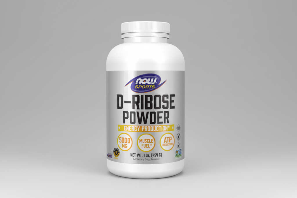Supplement bottle labeled 'D-Ribose Powder' by NOW Sports on a white background