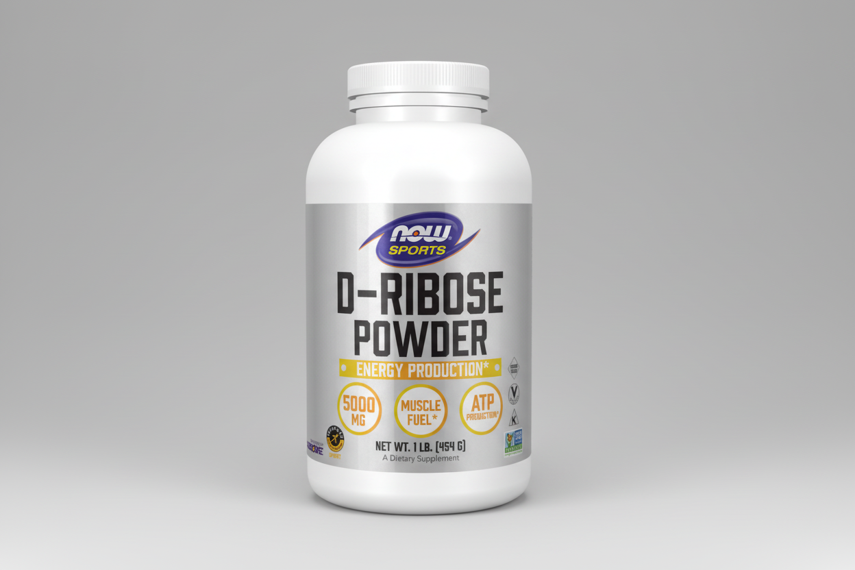 Supplement bottle labeled 'D-Ribose Powder' by NOW Sports on a white background