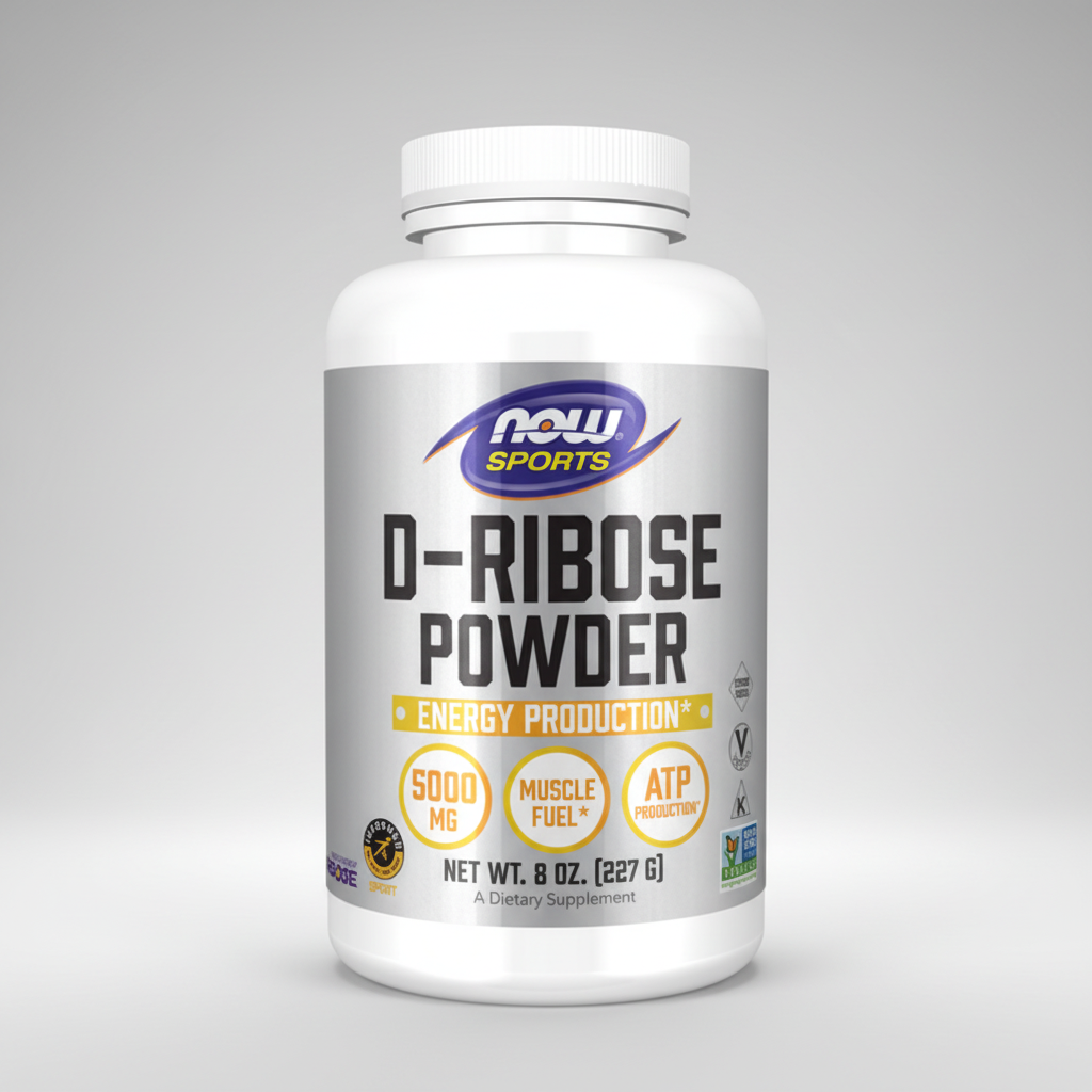Supplement bottle labeled 'D-Ribose Powder' by NOW Sports on a white background