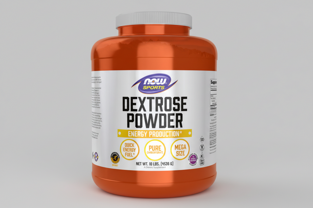 Orange container of NOW Sports Dextrose Powder on a white background
