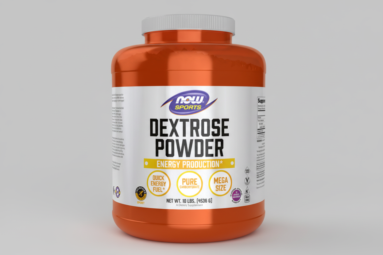 Orange container of NOW Sports Dextrose Powder on a white background