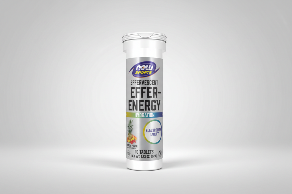 Tube of NOW Sports Effer-Energy effervescent tablets on a white background
