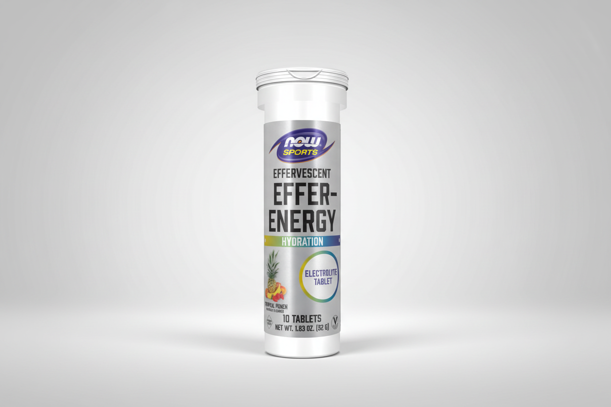 Tube of NOW Sports Effer-Energy effervescent tablets on a white background