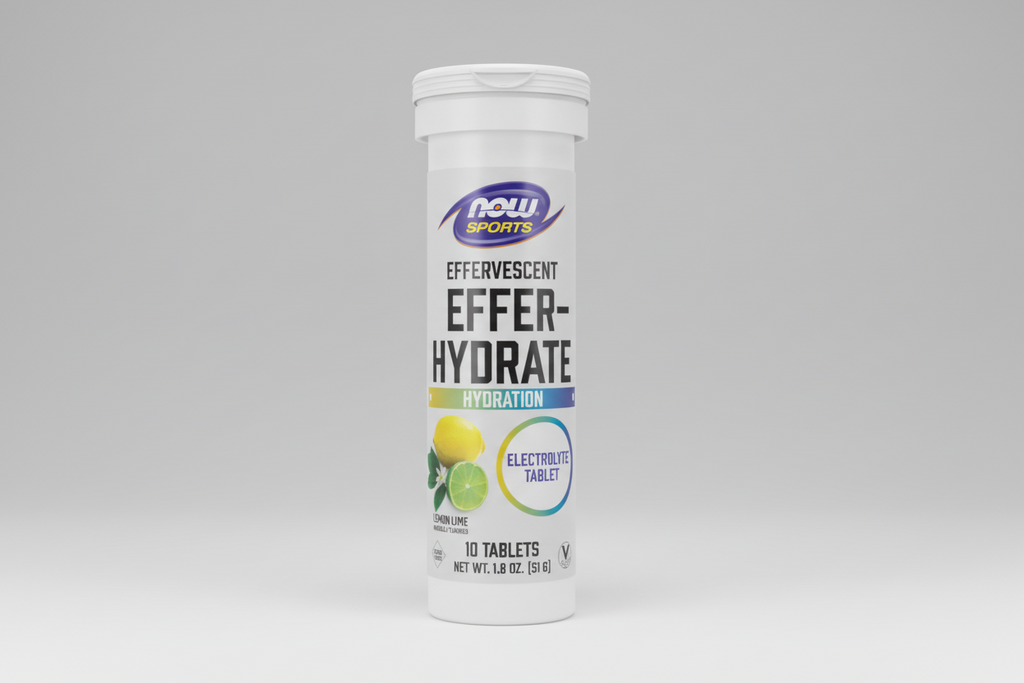 NOW Sports Effer-Hydrate effervescent tablets on a white background