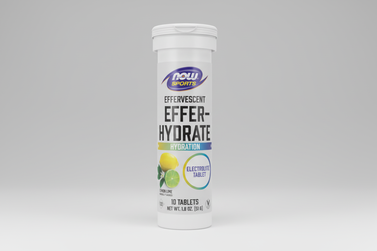 NOW Sports Effer-Hydrate effervescent tablets on a white background