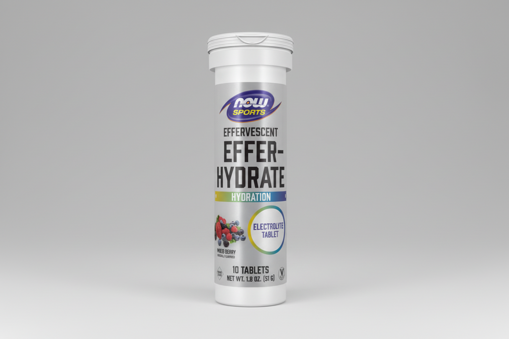 NOW Sports Effer-Hydrate effervescent tablet container on a white background