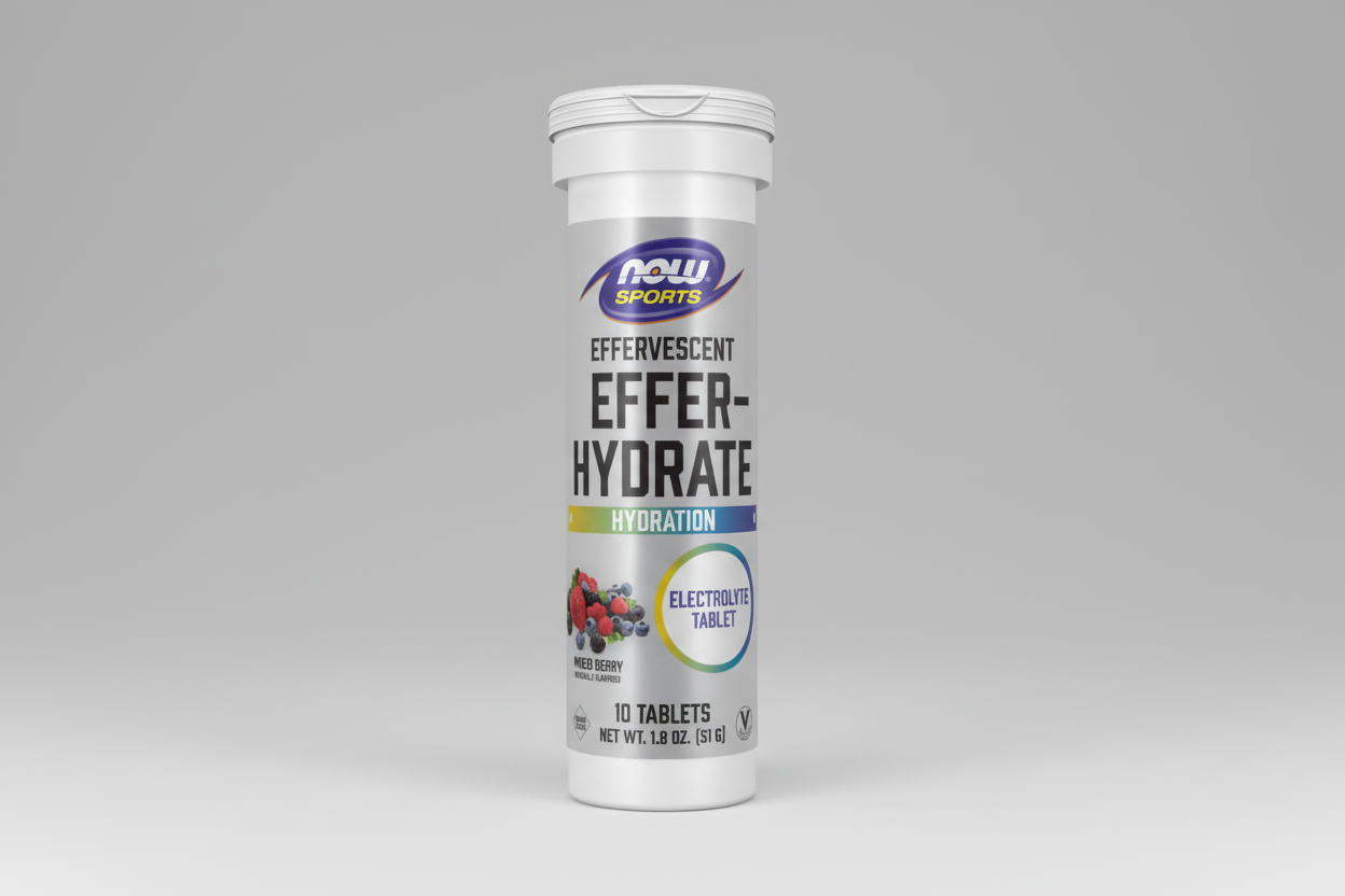 NOW Sports Effer-Hydrate effervescent tablet container on a white background