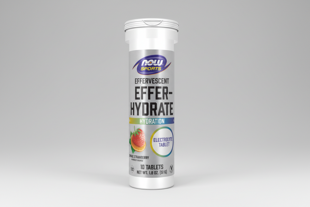 NOW Sports Effer-Hydrate effervescent tablet container on a white background