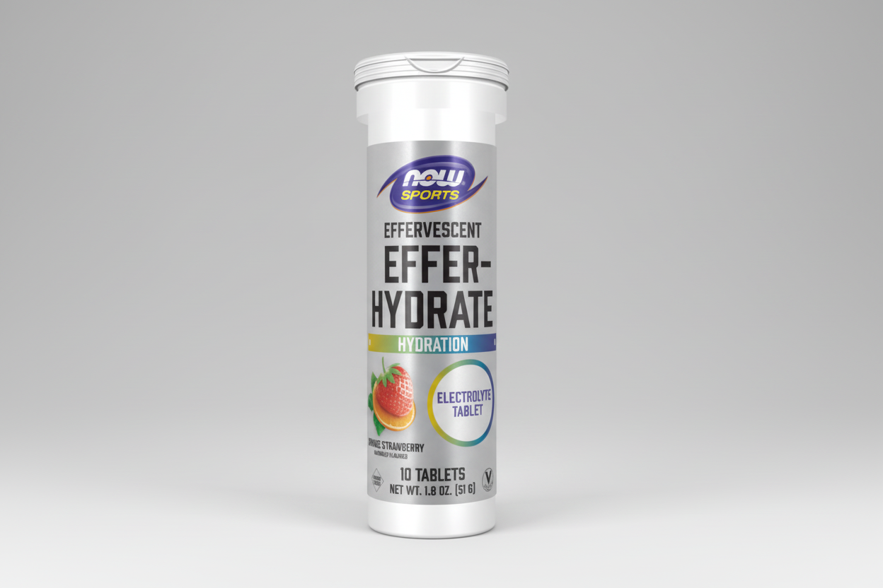 NOW Sports Effer-Hydrate effervescent tablet container on a white background
