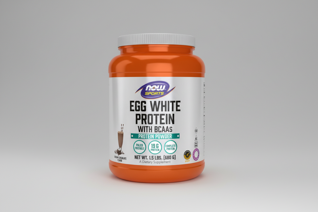 Orange and white protein powder container with NOW Sports label on a white background
