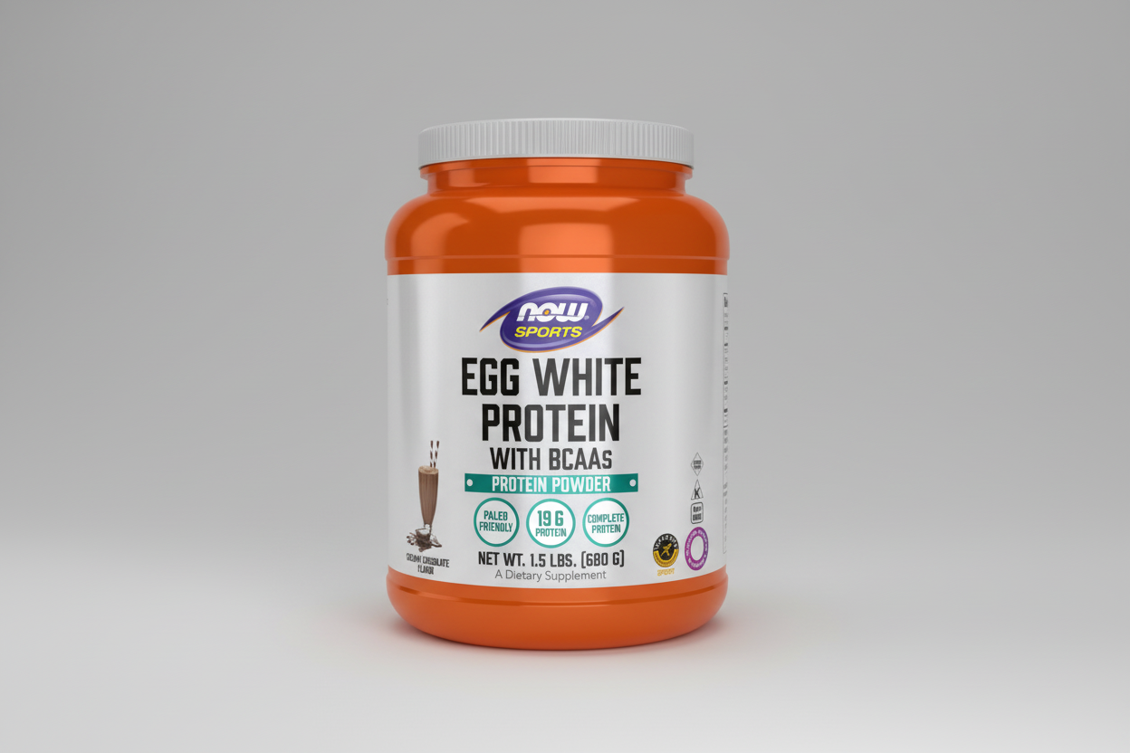 Orange and white protein powder container with NOW Sports label on a white background