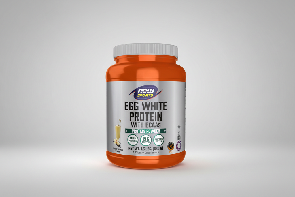 Orange and white protein powder container with Now Sports label on a white background