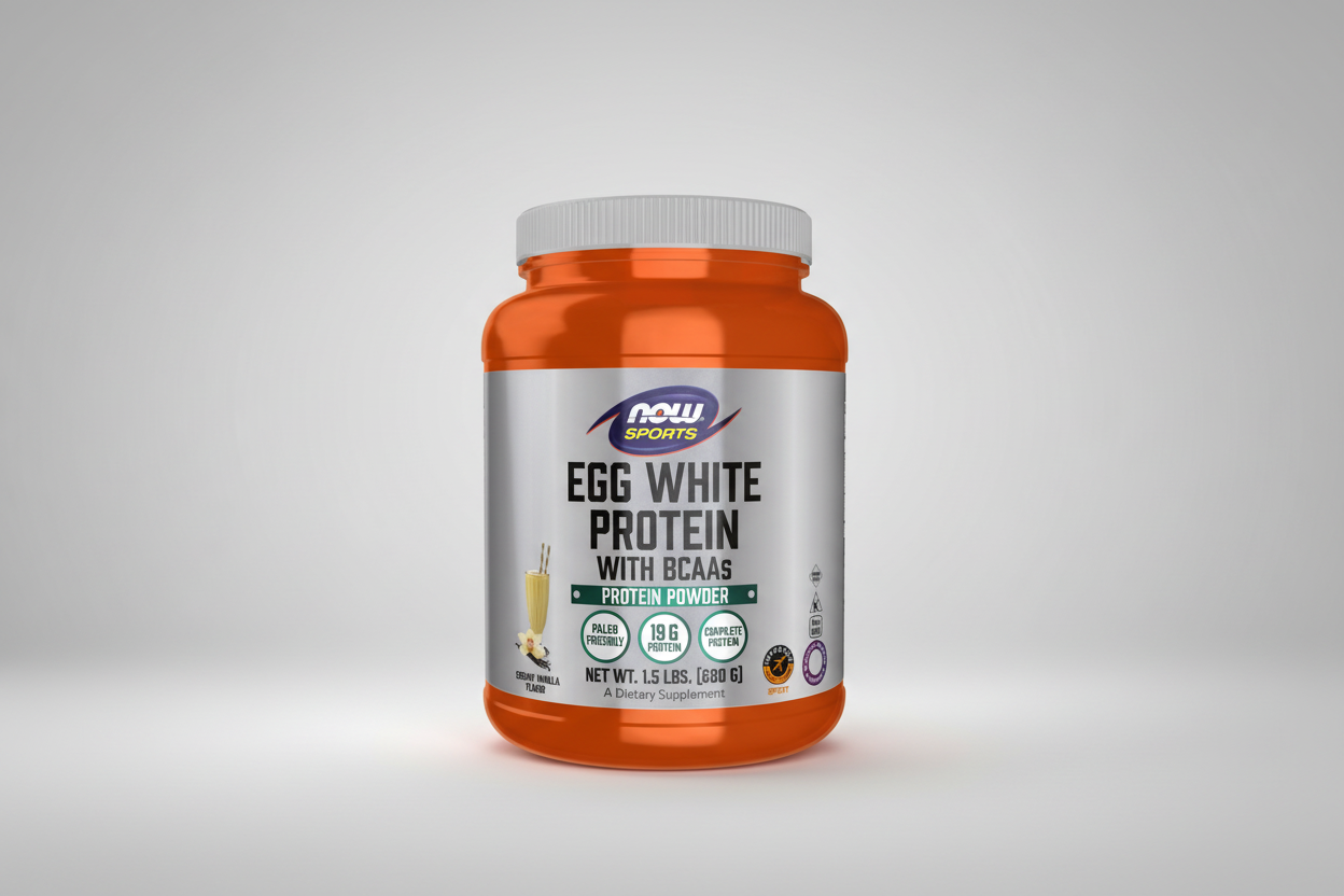 Orange and white protein powder container with Now Sports label on a white background