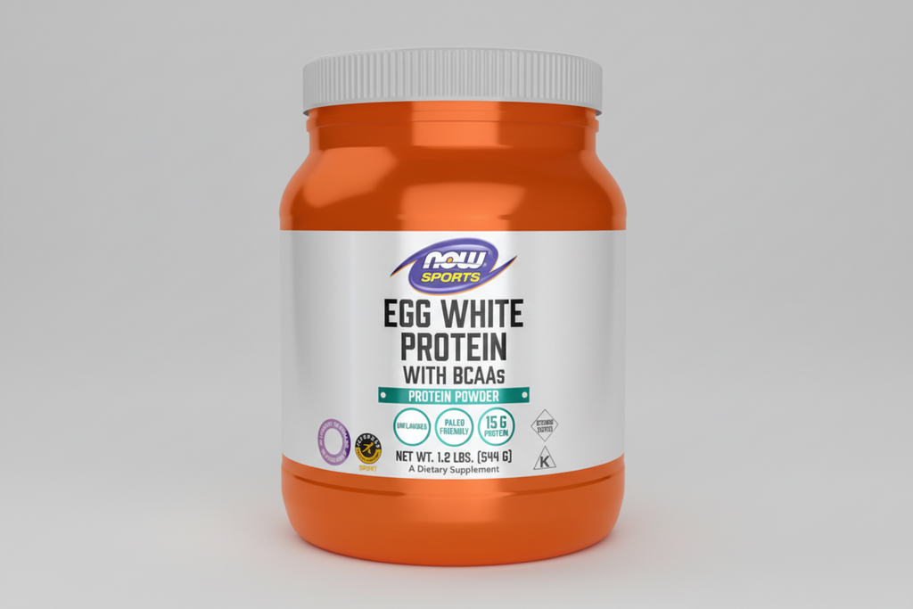 Orange protein powder container with white lid on a white background