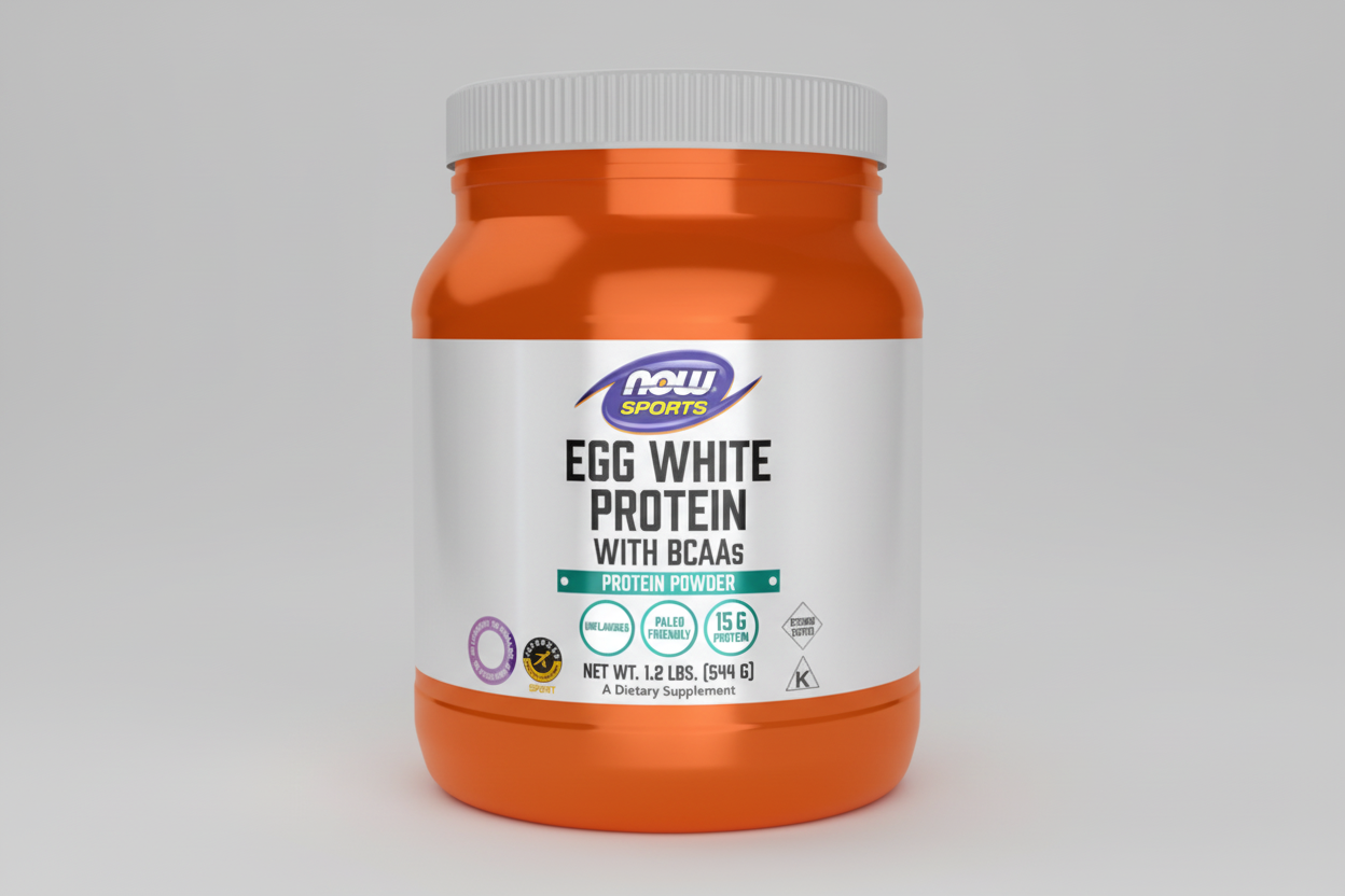 Orange protein powder container with white lid on a white background