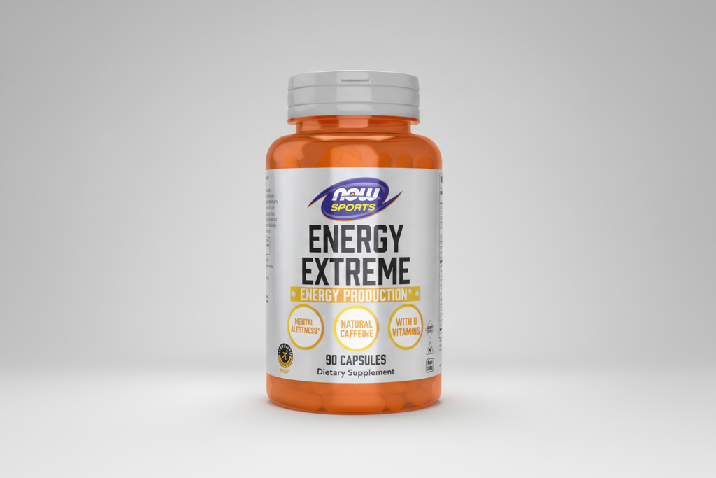 Supplement bottle labeled 'Energy Extreme' by NOW Sports on a white background