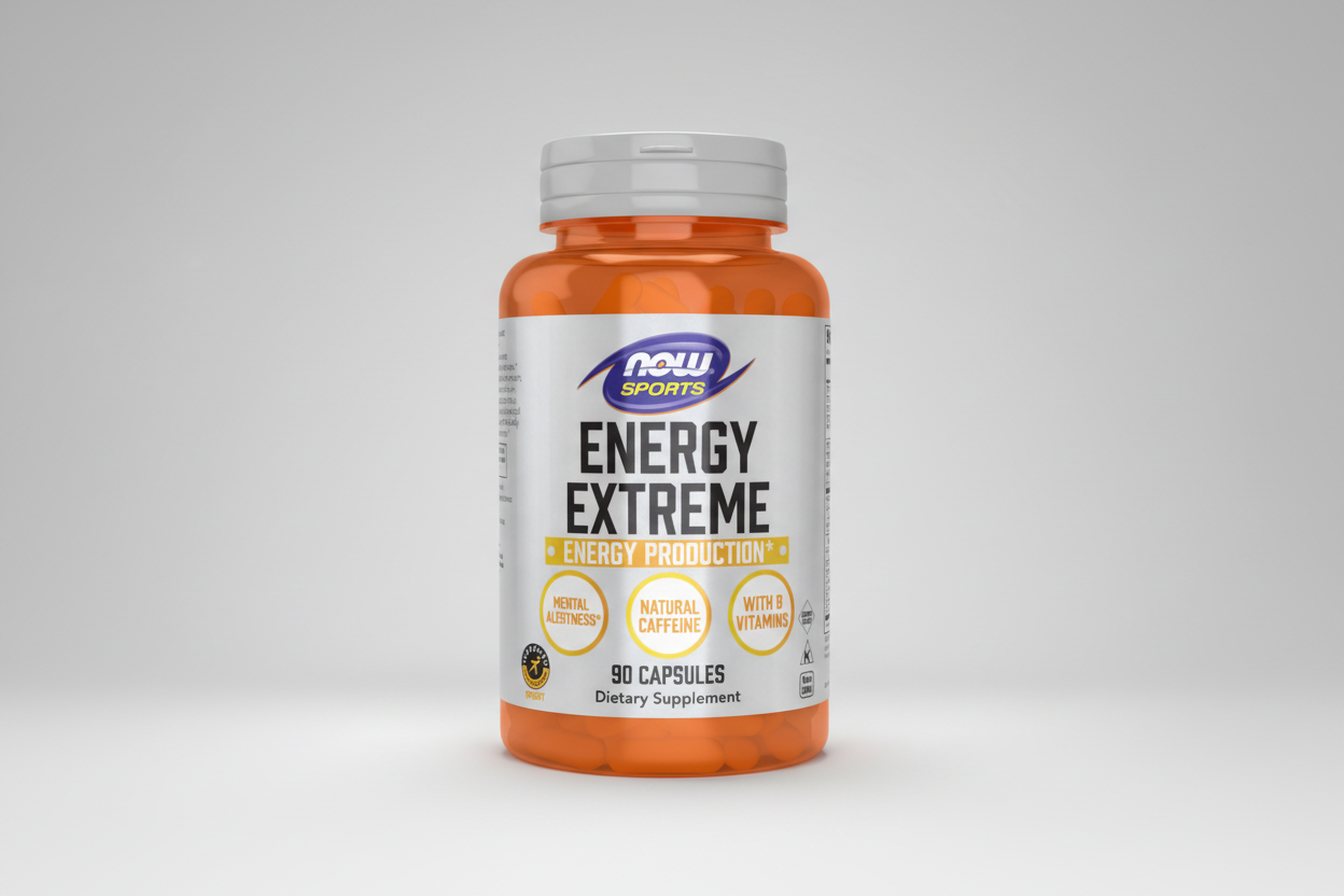 Supplement bottle labeled 'Energy Extreme' by NOW Sports on a white background