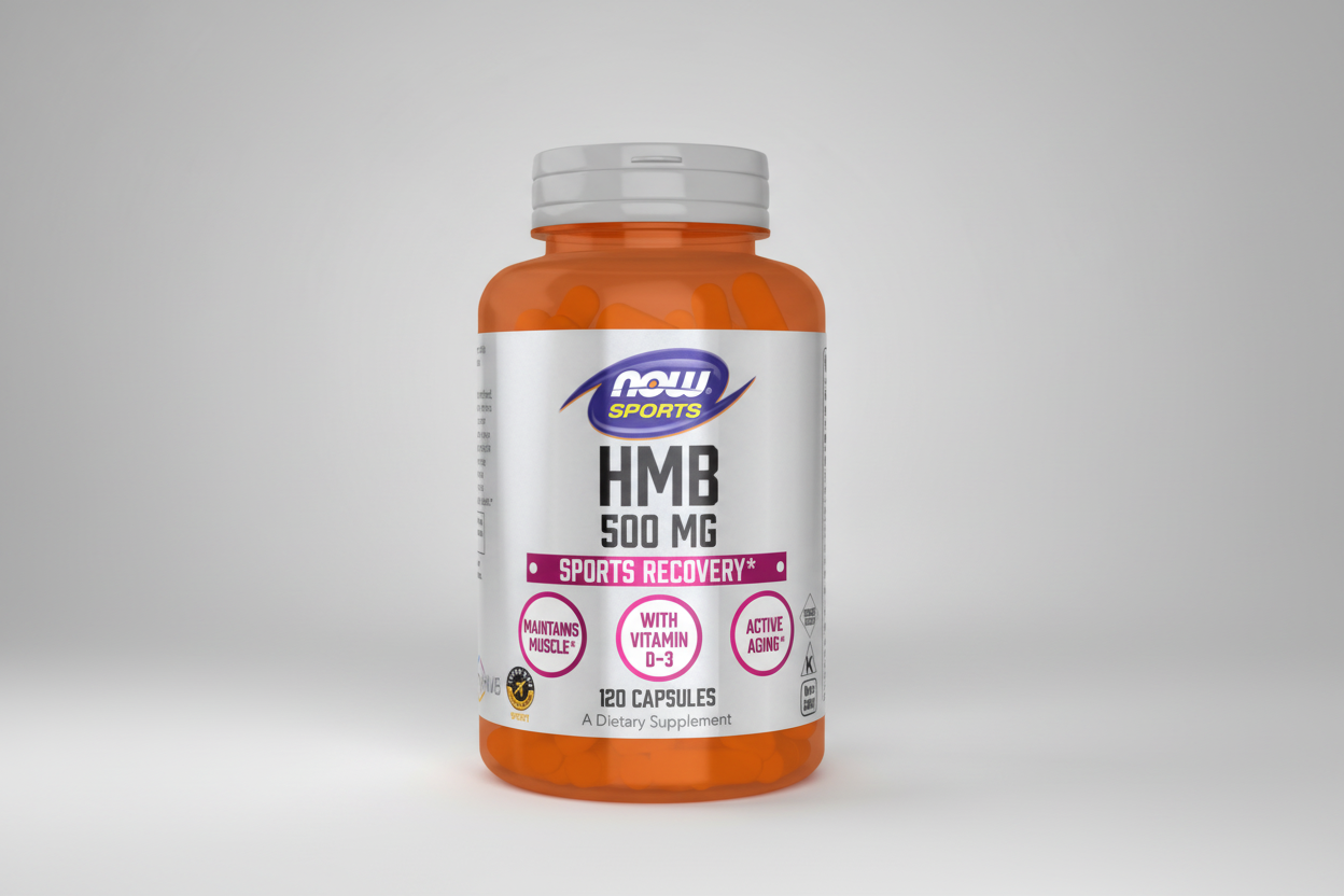 Supplement bottle labeled 'HMB 500 MG' by NOW Sports on a white background